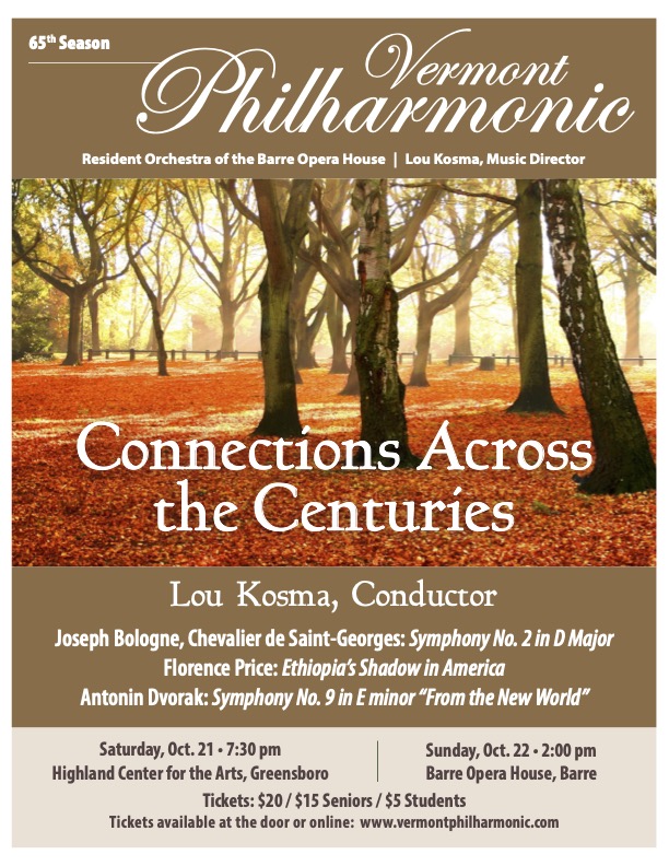 Ad for Vermont Philharmonic concerts: Connections Across the Centuries
