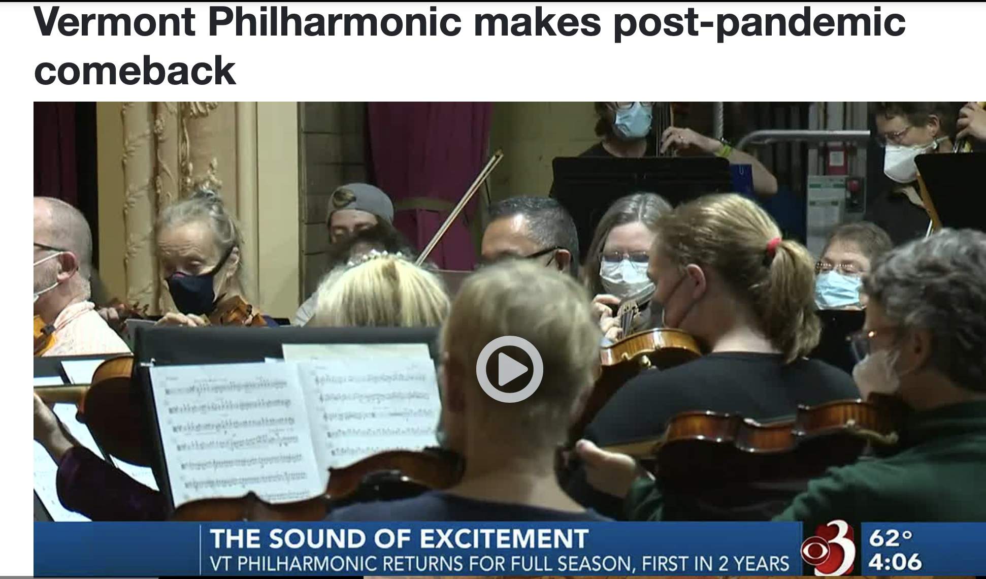 WCAX Video about the Vermont Philharmonic post pandemic return